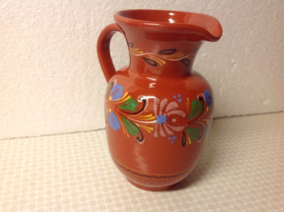 Keramik Orange Rød Brun Kande med Blomster Pynt, Se bunden Billede 3  Måler Ca. 21cm., Gaveide : Æld