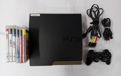 Playstation 3, CECH-2504B, God, Slim ps3 320gb med en controller, kabler og 6 spil