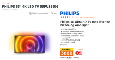 LED, Philips, 55PUS8106, 55", widescreen, High Definition, Perfekt, Philips TV, brugt i ca 1 år. Ing