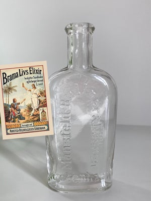 Flasker, Glasflaske Brama-Livs-Elixir

Oval klar flaske
 m/ tekst:
 “Mansfeld-Bûllner & Lassen Kjöbe