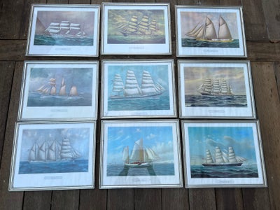 Billedrammer, 9 tegninger/billeder af gamle sejlskibe i sølv-rammer -  med brugsspor.
De er ca. 38 c