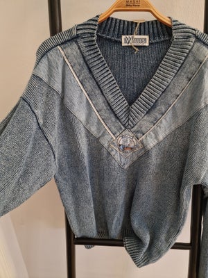 Sweater, Vintage, str. 38, Blå, Denim strik, God men brugt, Vintage trøje i blå strik med denim deta
