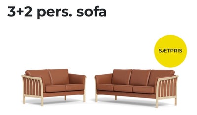 Sofagruppe, læder, 3 pers. , Stouby tremmesofa, Dejlig stouby tremmesofa-gruppe, cognac farvet læder