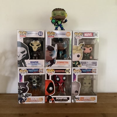 Samlefigurer, Funko pops, Syv Funko pop figurer fra Overwatch og Marvel sælges. Kasse medfølger til 