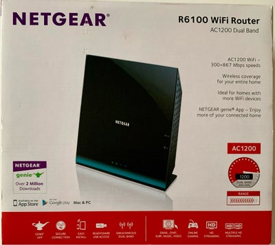 Router, wireless, Netgear R6100, Perfekt, AC1200 wifi 300 + 867 Mbps speed
Dual band, inkl. kabler