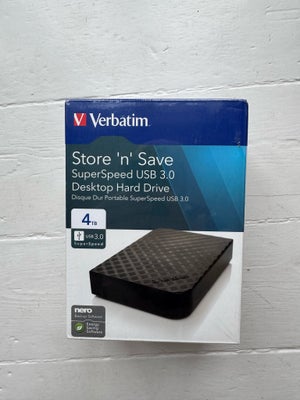 Verbatim, ekstern, 4000 GB, Perfekt, Verbatim Store N Save USB 3.0 4tb. 
Helt ny ekstern harddisk. S