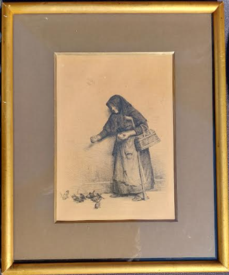 Radering, b: 27 h: 32, Carl Bloch. Kvinde fodrer spurve. Signeret Carl Bloch 1886 i trykket øverst t