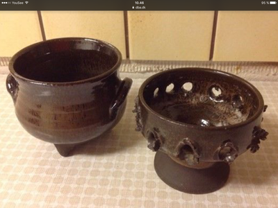 Keramik Brun Jydepotte og Lysestage med Hulkant, Gaveide : Ældre Retro Brun Grå Keramik Stentøj Retr