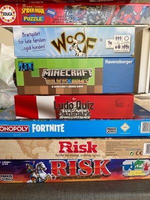 Diverse spil og puslespil, Risk, Fortnite Monopoly,  minecraft , brætspil, Woof 40 kr
Minecraft 75 k