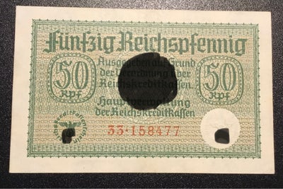 Militær, Flot 50 Reichspfennig  fra WW2, Flot 50 Reichspfennig  seddel fra WW2 med stort HK og 2 små