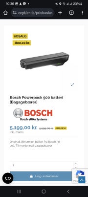 Elcykel-udstyr, Batteri, Bosch Powerpack 500, har begge modeller. 
Man får 24 timers tilfredshed tid