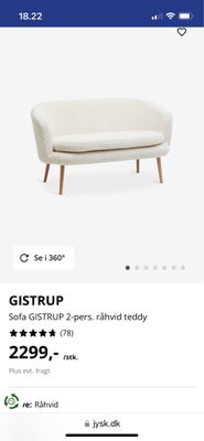 Sofa, plys, 2 pers. , Gistrup, Jysk, Stort set ny 2-personers sofa i råhvid plys teddystof. Sæde og 