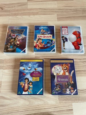 Disney film, DVD, familiefilm, 30 kr for alle 5 film ellers 10 kr pr stk
Aristocats, Aladdin, Skatte