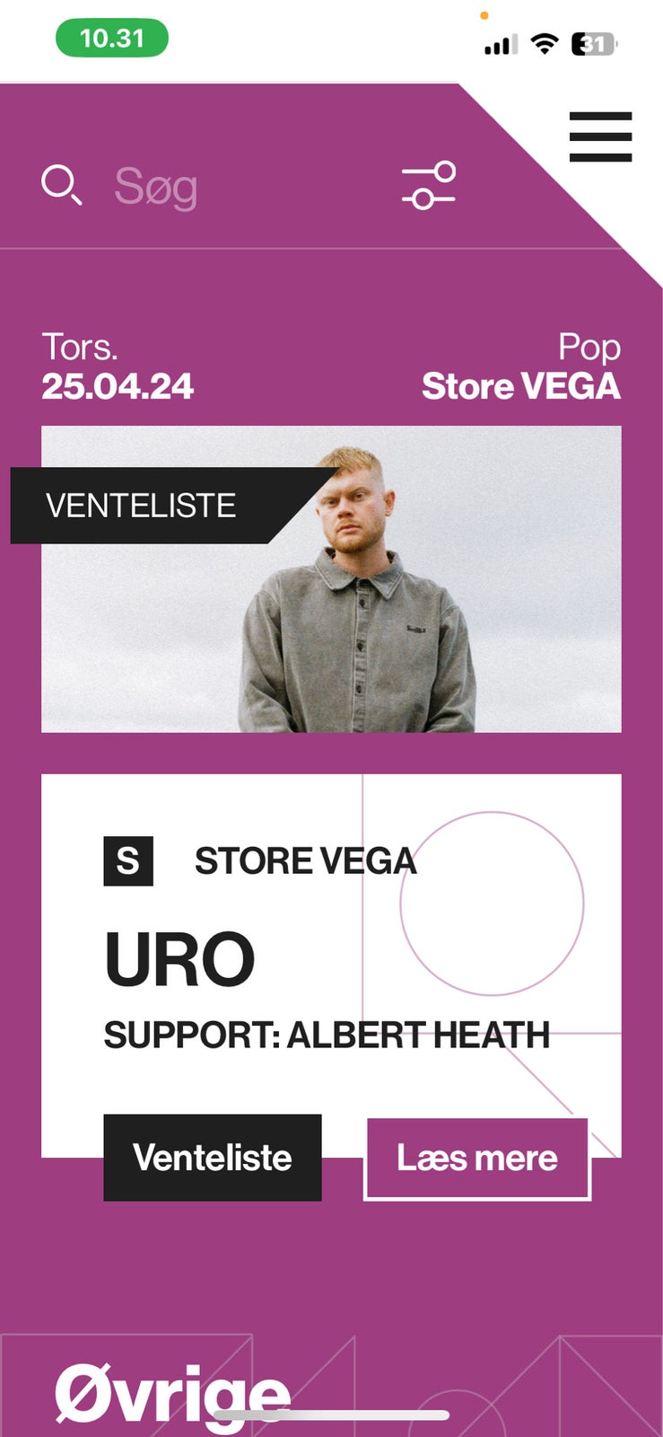 2stk koncert billetter med URO i store Vega d25/4