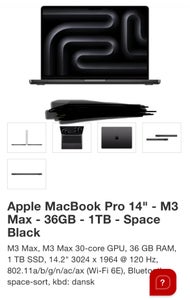 Apple MacBook Pro - M3 Max - M3 Max 30-core GPU - 36 GB RAM - 1 TB SSD -  14.2 3024 x 1964 @ 120 Hz - 802.11a/b/g/n/ac/ax (Wi-Fi 6E), Bluetooth -  silver - kbd: US 