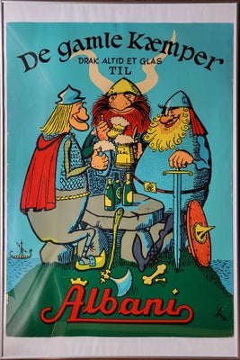 Gammel Albani ølreklame, h (se billede), motiv: Tre vikinger, der drikker øl, b: 63 h: 94, 
Gammel A