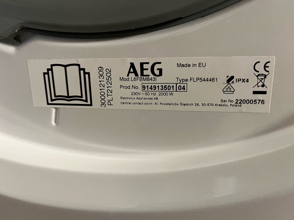 AEG vaskemaskine, L6FBM843I, frontbetjent