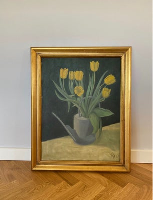 Oliemaleri, FH, motiv: Blomster/Have, b: 62 h: 77, Flot maleri af tulipaner i vandkande. Signeret FH