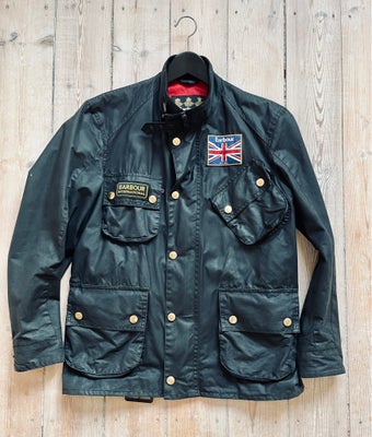 Oilskinsfrakke, str. S, Barbour Union Jack,  Sort,  Vokset bomuld,  God men brugt, Fin velholdt stan