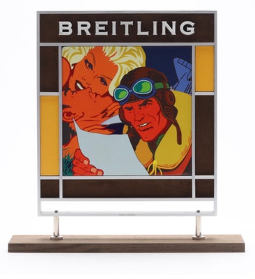 Skilte, Reklameskilt - Breitling, Reklame udstillingsskilt fra Breitling af Aluminium, træ og læder.