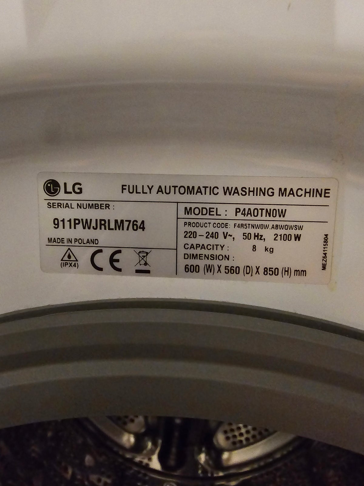 LG vaskemaskine, P4AOTN0W, frontbetjent