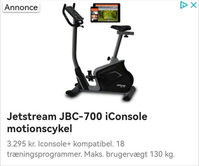 Motionscykel, Jetstream, IConsole, God og Stærk Genoptrænings Cykel
Vægt belastning 130 Kg.

Brugt t