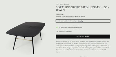 Spisebord, EG/MDF, Njordec, b: 105, Dawn spisebord med udtræk - sort
købt den 9.februar men er desvæ