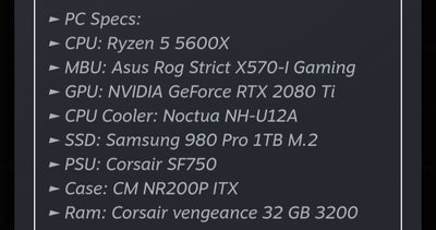 Selvbyg, Ryzen 5 5600x Ghz, 32 GB ram, 1000 GB harddisk, God, Sælger denne computer 
Alt fungere som