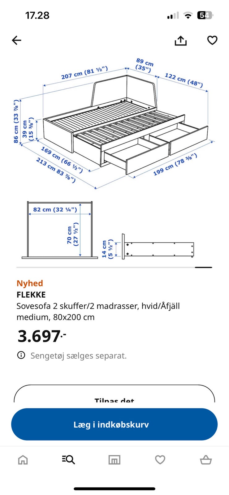 Sovesofa, Flekke fra Ikea, b: 80 l: 200