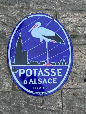 Skilte, emaljeskilt, Originalt gammelt fransk emaljeskilt, "Potasse D`Alsace" ca. 80 cm højt, i fin 