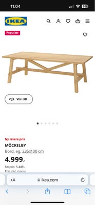 Spisebord, Egetræsfinér, Ikea, b: 100 l: 235, Populært Möckelby bord fra Ikea. 

I god og pæn stand,