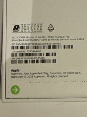 iPhone 15 Pro Max, 1024 GB, hvid, Perfekt, Helt nye æske med kvittering