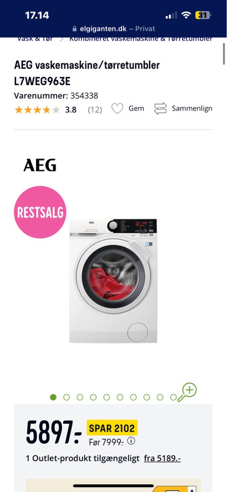 AEG vaskemaskine, 7000 Series Kombi, vaske/tørremaskine