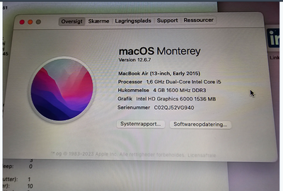MacBook Air, A1466 13.3" 2015, I5 1.6 GHz, 4 GB ram, 128 GB harddisk

Mac os Monterey
Virker fint
op