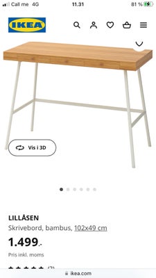 Skrivebord, Ikea, Sælger Ikea Lillåsen skrivebord i god stand, bordet er ikke samlet for tiden, og b