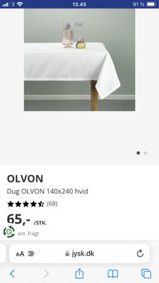Duge, Olvon, Hvide duge fra Jysk. Nypris 65 kr. Str. 140x240 cm. 8 stk. haves. Sælges for 40 kr. pr.