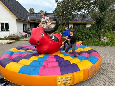 Denne sjove hoppepude med en rodeotyr udlejes til fest, fødselsdag eller andet sjov. Den er stor og 