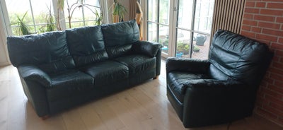 Sofa, 3 pers, mørkegrøn læder m. tilh. lænestol