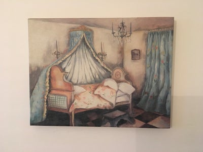 Malet billede af seng med sengehimmel i værelse, Flot stort billede af soveværelsesmiljø, Super flot