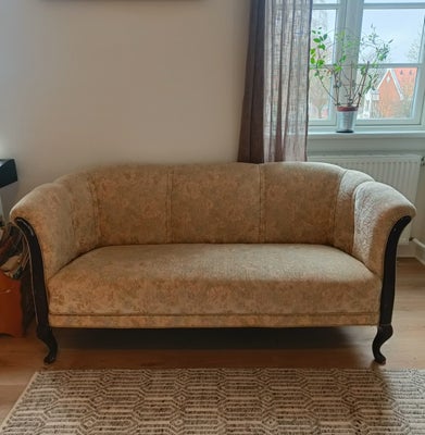Sofa, velour, 2 pers., Charmerende retro sofa med lyst gult og rosa velour-betræk. 
Er tydeligt gamm