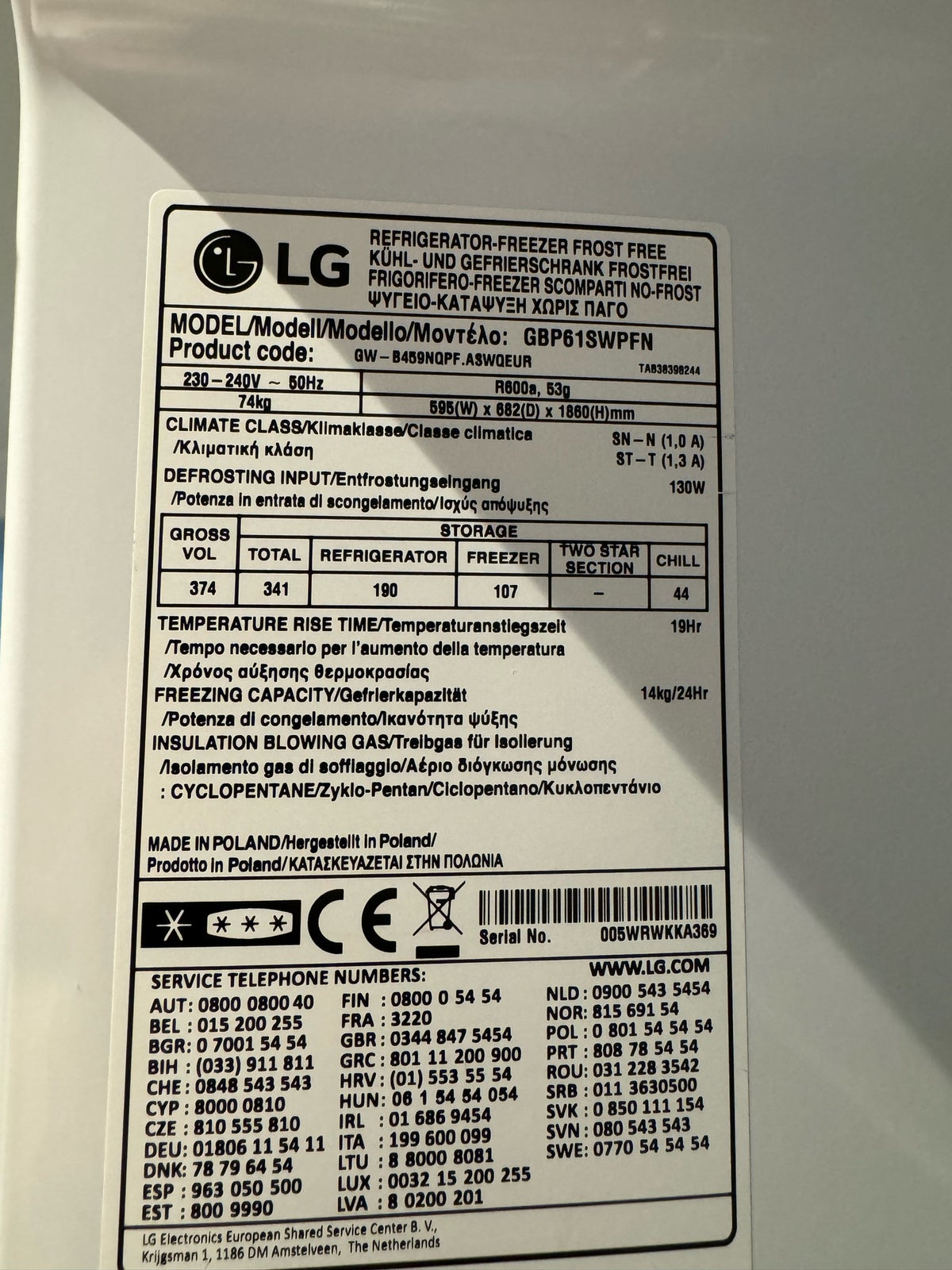 Køle/fryseskab, LG GBP61SWPFN, 341 liter
