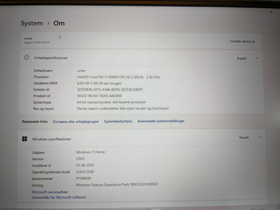 Lenovo Legion Y530-15ICH, I5 GHz, 8gb GB ram