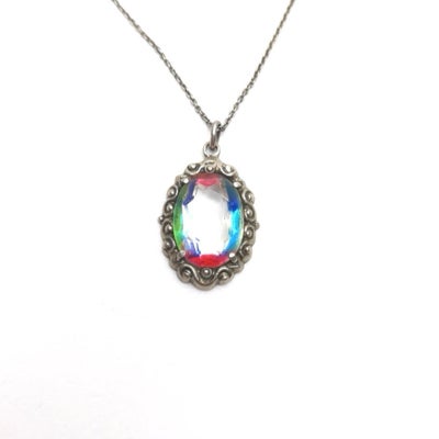 Halskæde, sølv, Vintage sølv halskæde med vedhæng regnbue sten, En flot sølv halskæde med vedhæng st
