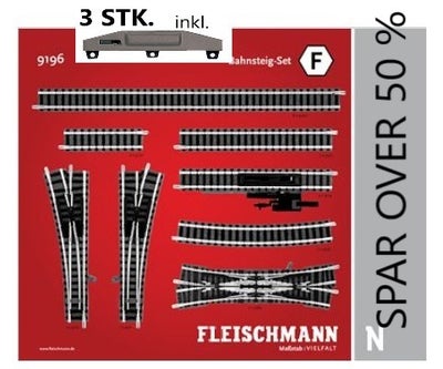 Modeltog, SPAR 50 % EVT. m / 3 EL-drev  FLEISCHMANN 9196 F, skala N, 

pakning F 9196 750,--kr.

med