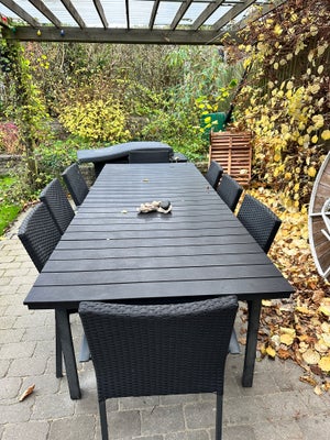 Havemøbelsæt, Nonwood og polyrattan, Flot havemøbelsæt
Bord: sort nonwood L250 B95 H77
Stole: 8 stk,