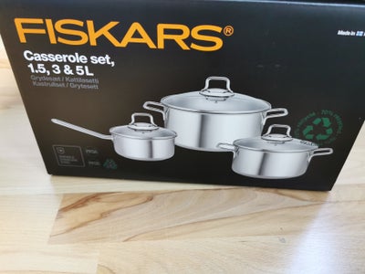 Grydesæt, Fiskars, Ubrugt Fiskars grydesæt i genanvendt stål med tilhørende låg. Gryderne kan anvend