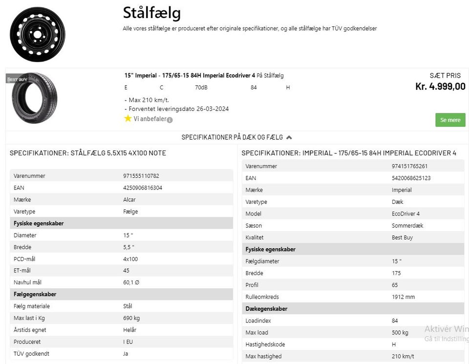 Stålfælge, 15", 175 / 65 / R15