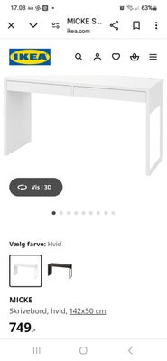 Skrivebord, Ikea, Micke skrivebord fra ikea. Den står pænt som på billeder, ingen ridser.