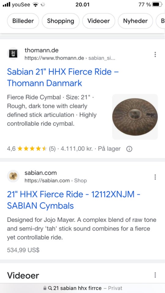 Bækken, 21” Sabian HHX Fierce ride