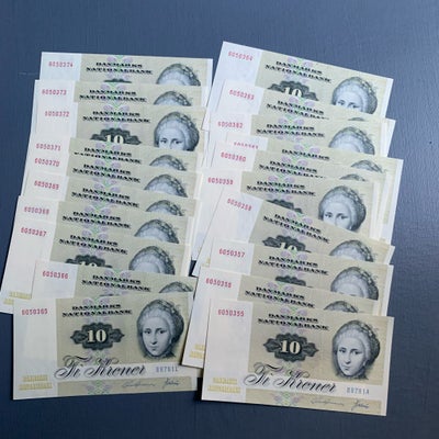 Danmark, sedler, 10kr, 20 stk ucirkuleret og fejlfri
10 kroner sedler 1972 serien
Med fortløbende nu